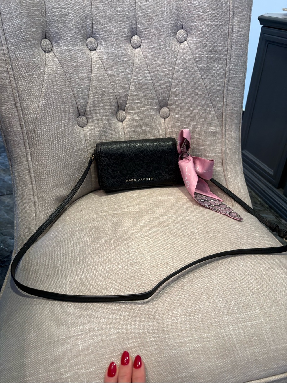 Marc Jacobs Black Leather Crossbody with Pink Scarf Accent